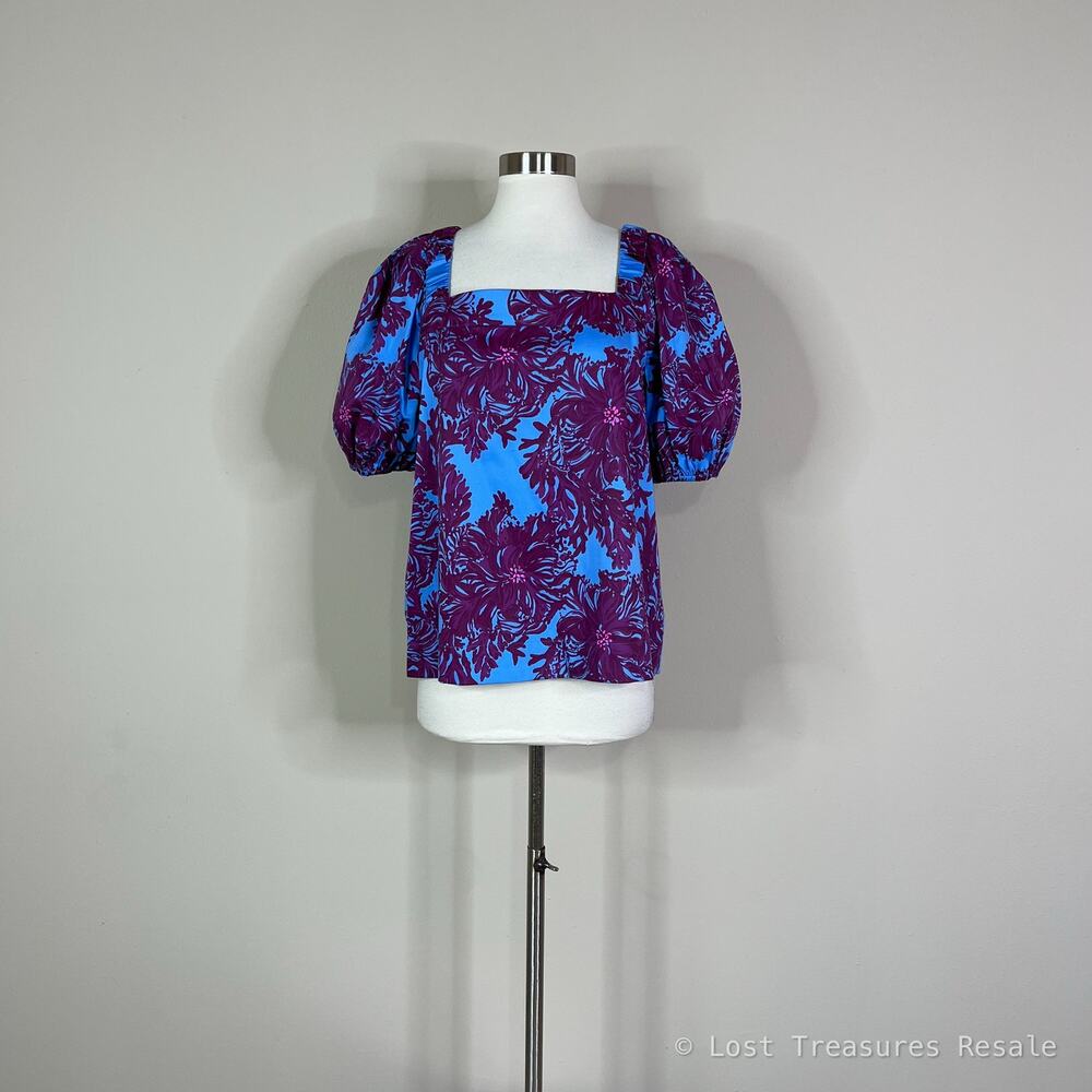 Lilly Pulitzer | Torrey Floral Puff Sleeve Blue Purple Square Neck Top Blouse 12 - Picture 2 of 10